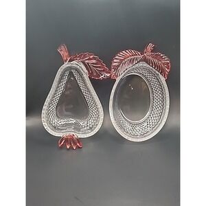 Set Of Two Vintage Cut Glass Fruit Shaped Trinket Dishes W/ Red Glass Accents